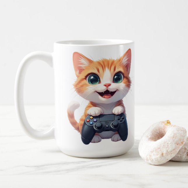 Kattunge som håller spelkontroll och ler Gamer kat Kaffemugg (Med munk)