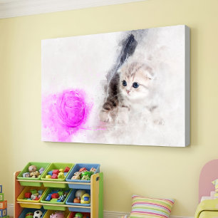 Kattunge som leker med en rosa garnboll akvarell canvastryck