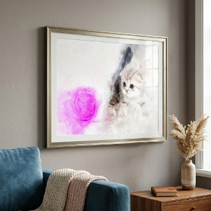 Kattunge som leker med en rosa garnboll akvarell fototryck