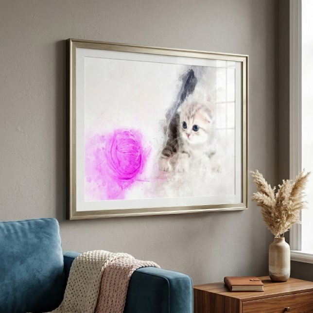 Kattunge som leker med en rosa garnboll akvarell fototryck (Kitten playing with a pink yarn ball watercolor. photo print)