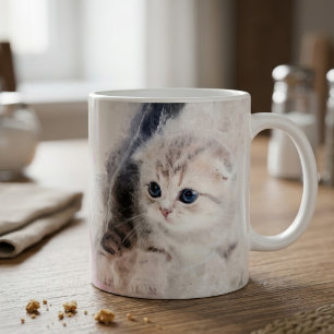 Kattunge som leker med en rosa garnboll akvarell kaffemugg