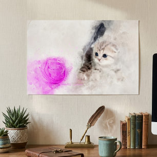 Kattunge som leker med en rosa garnboll akvarell poster