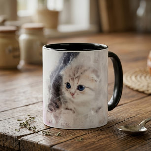 Kattunge som leker med en rosa garnboll i akvarell mugg