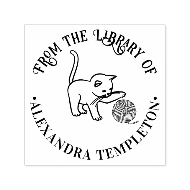 Kattunge som leker med garnboll Biblioteksbok namn Självfärgande Stämpel (Design)