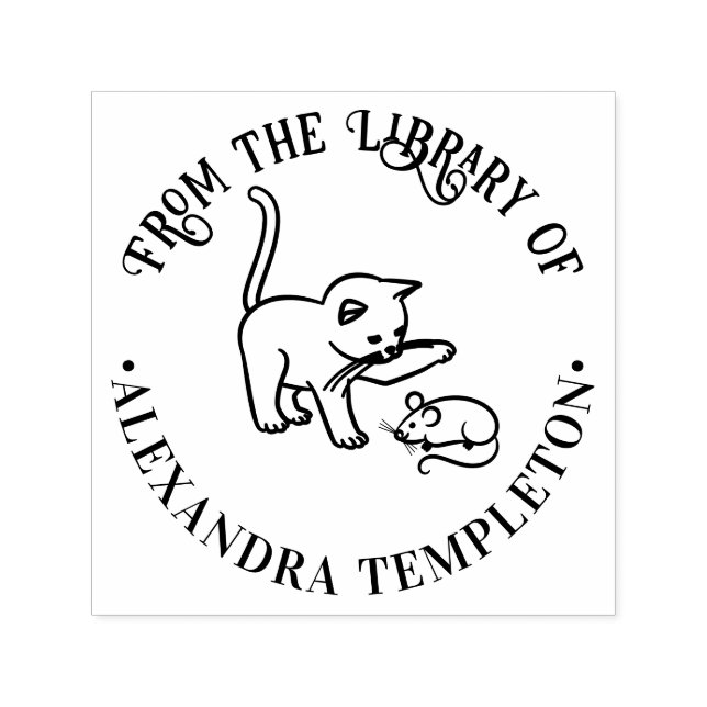Kattunge som leker med mus runt bibliotekets bokna självfärgande stämpel (Design)
