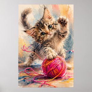 Kattunge som leker med rosa garn Kattälskare Poster