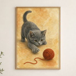 Kattunge som slår en garnboll Vattenfärgposter Poster