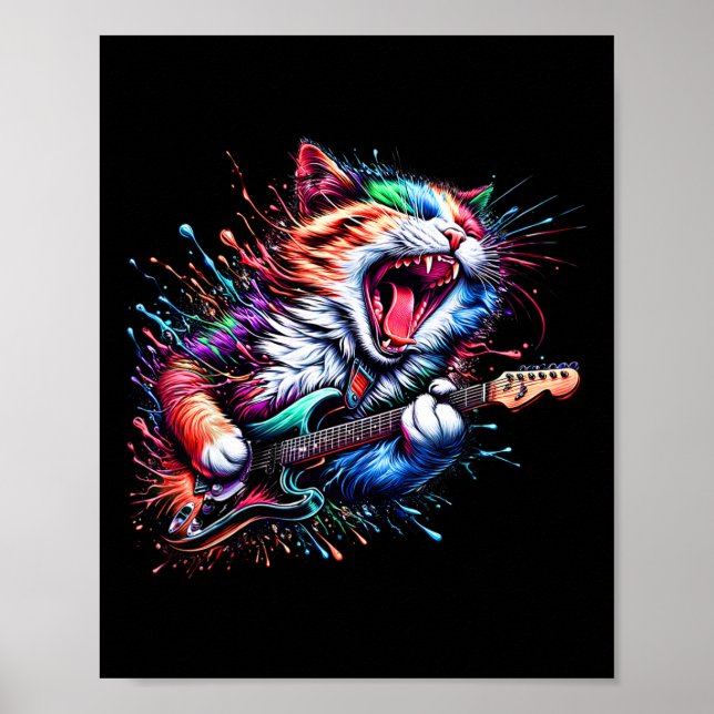 Kattunge som spelar Guitar Sten Cat Heavy Metall C Poster (Framsidan)