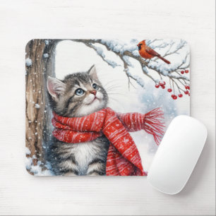 Kattunge som tittar på en kardinal i Snöflingor Musmatta