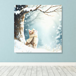 Kattunge som tittar på snöflingor canvastryck