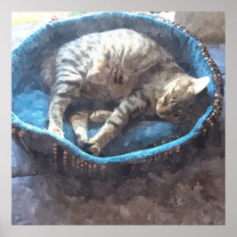 Kattunge tar en tupplur, akvarell tabbykatt som so poster
