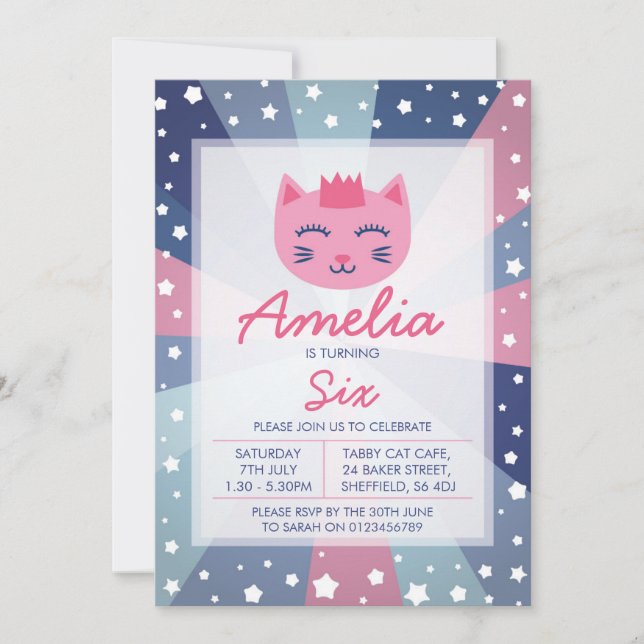 Kattunge temat födelsedagsfest inbjudan (Framsida)