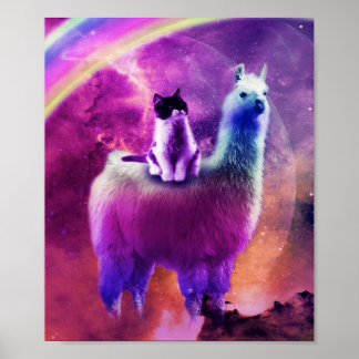 Kattunge vid regnbåge Llama i rymden Poster