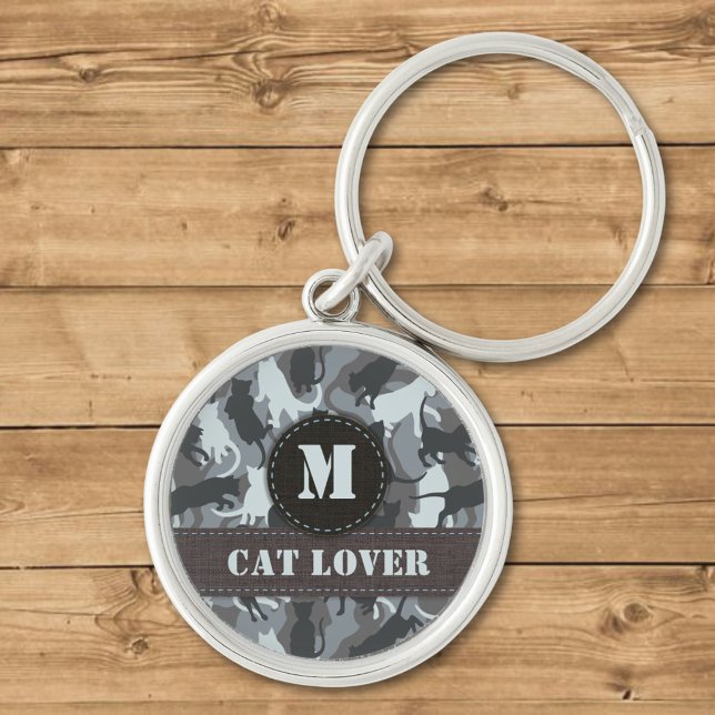 Katturban Camouflage Monogram Keychain Rund Silverfärgad Nyckelring (Skapare uppladdad)