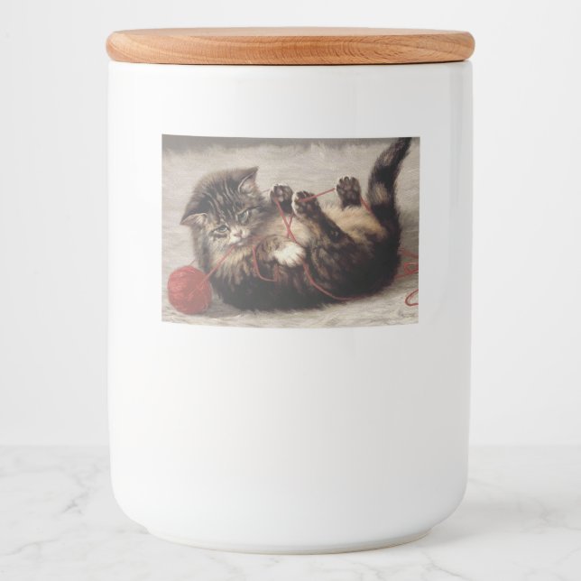 Kattvagga, en katt som spelar Boll av garn Mat Etiketter (Framsida)