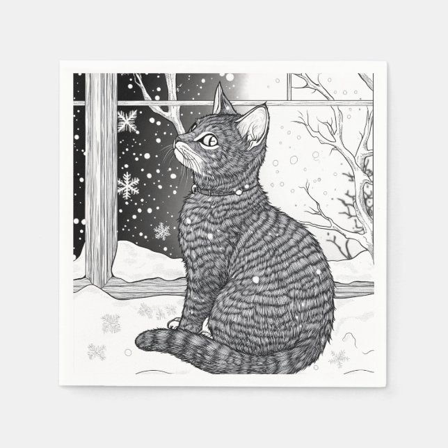 Kätzchen am Fenster Schneeflocken Sternenhimmel Pappersservett (Framsidan)