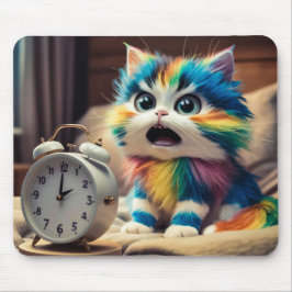 Katze auf Mauspad mit Wecker Musmatta