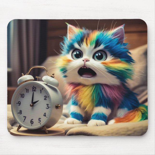 Katze auf Mauspad mit Wecker Musmatta (Framsidan)