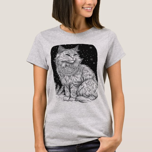 Katze bei Nacht unter magischem Sternenhimmel T Shirt (Framsida)