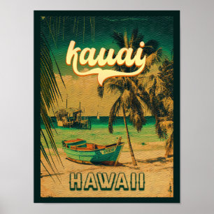 Kauai Beach Hawaii Retro Handflatan Träd 60-tal So Poster