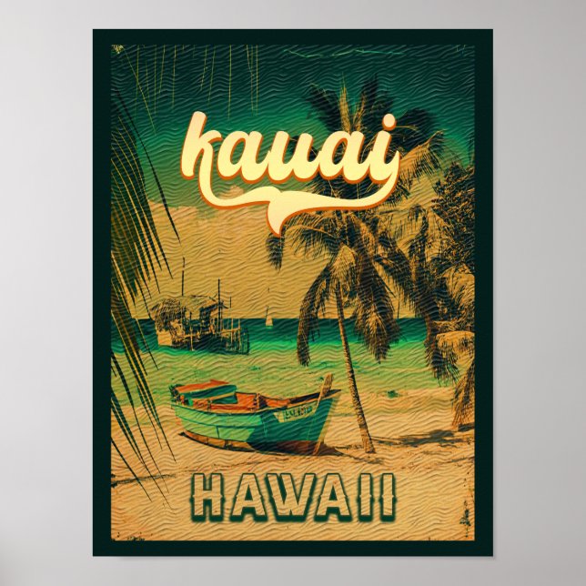 Kauai Beach Hawaii Retro Handflatan Träd 60-tal So Poster (Framsidan)