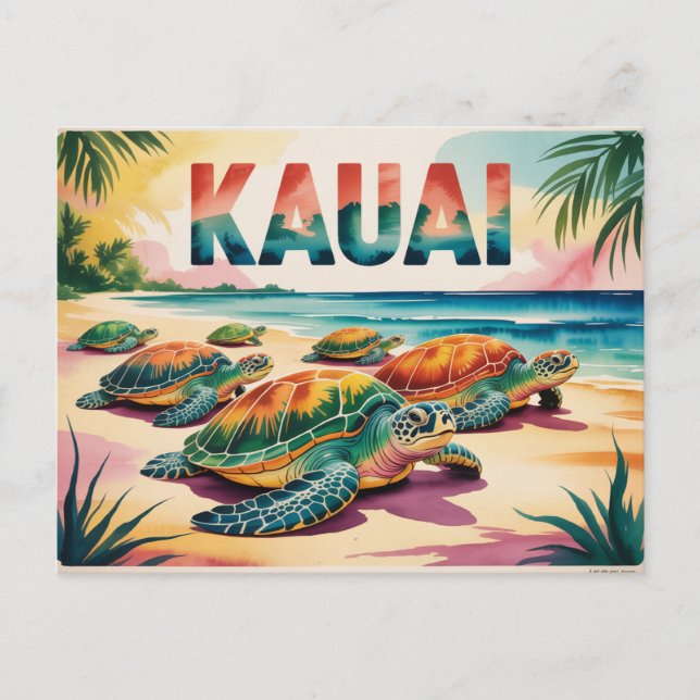 Kauai Beach Turtles Illustration Vykort (Framsida)