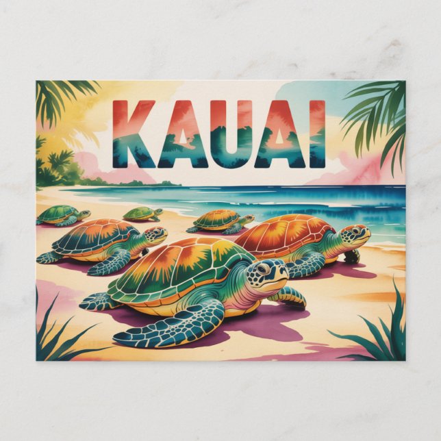 Kauai Beach Turtles Illustration Vykort (Framsida)
