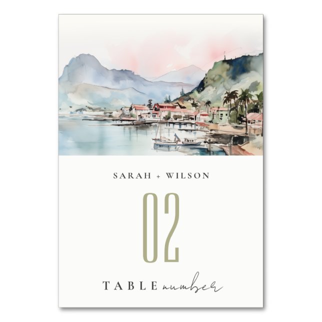 Kauai Hawaii Watercolor Landscape Wedding Bordsnummer (Framsidan)