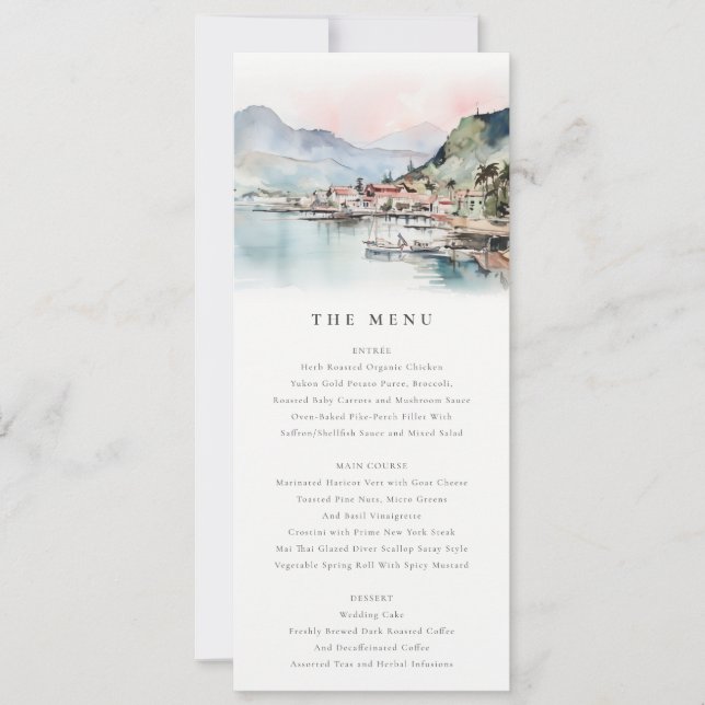 Kauai Hawaii Watercolor Landscape Wedding Menu Inbjudningar (Framsida)
