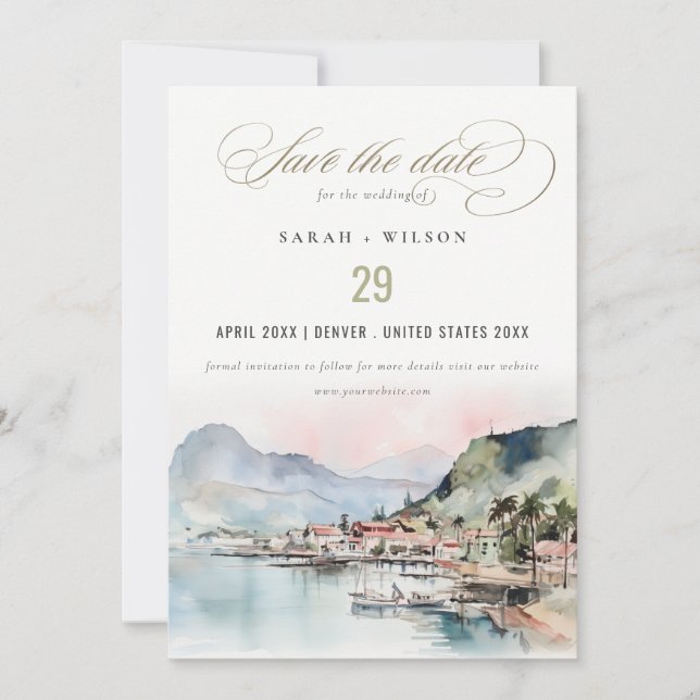 Kauai Hawaii Watercolor Landscape Wedding Spara Datumet (Framsida)