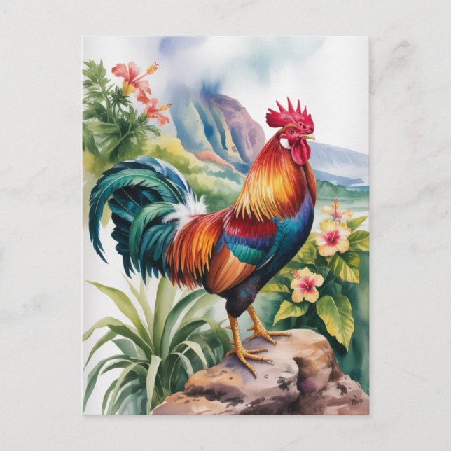 Kauai Rooster watercolor Vykort (Framsida)