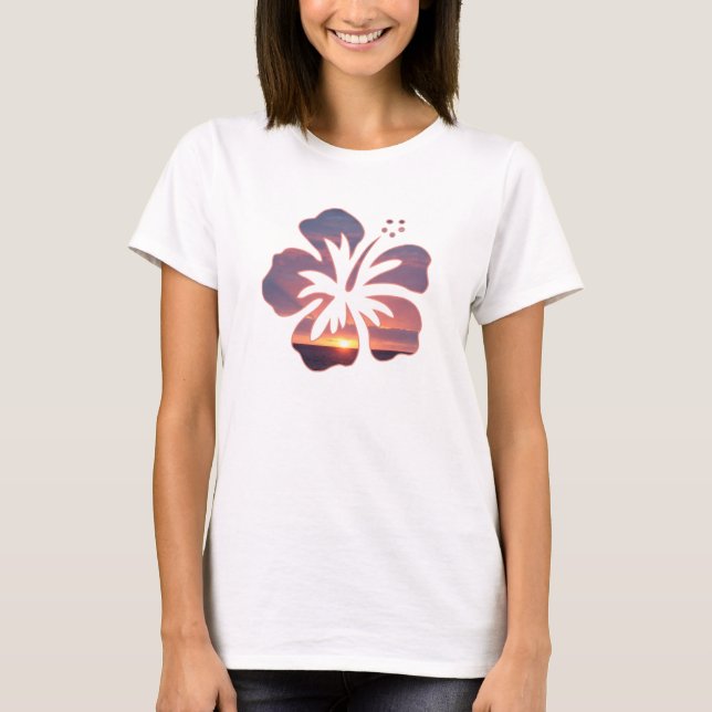 Kauai solnedgång i en hibiskusblomma t-shirt (Framsida)