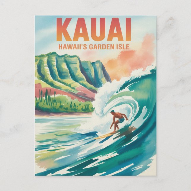 Kauai Surfing watercolor Vykort (Framsida)