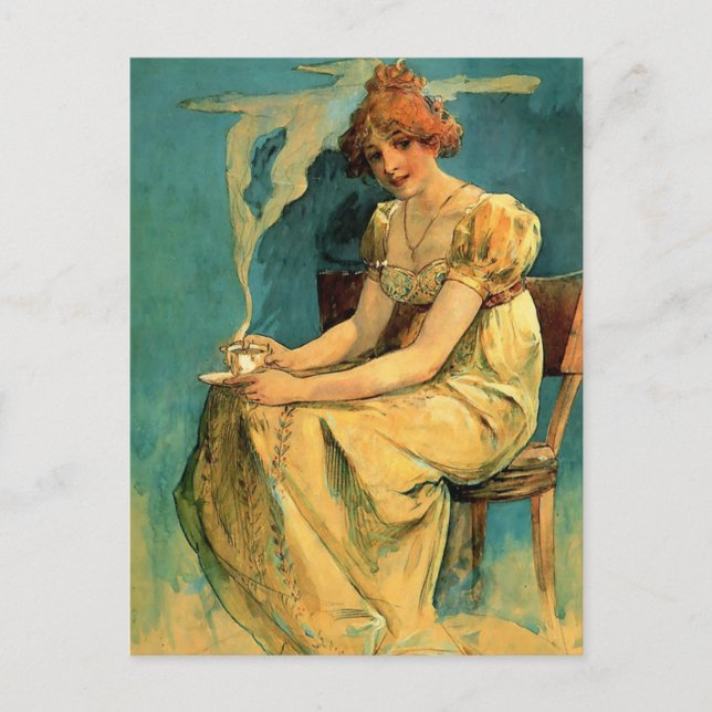 Kava Av Alphonse (Alfons) Mucha ~ Art Nouveau Vykort (Framsida)
