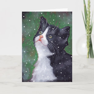 Kavajkatten tittar upp på snöflingor, konst helgkort