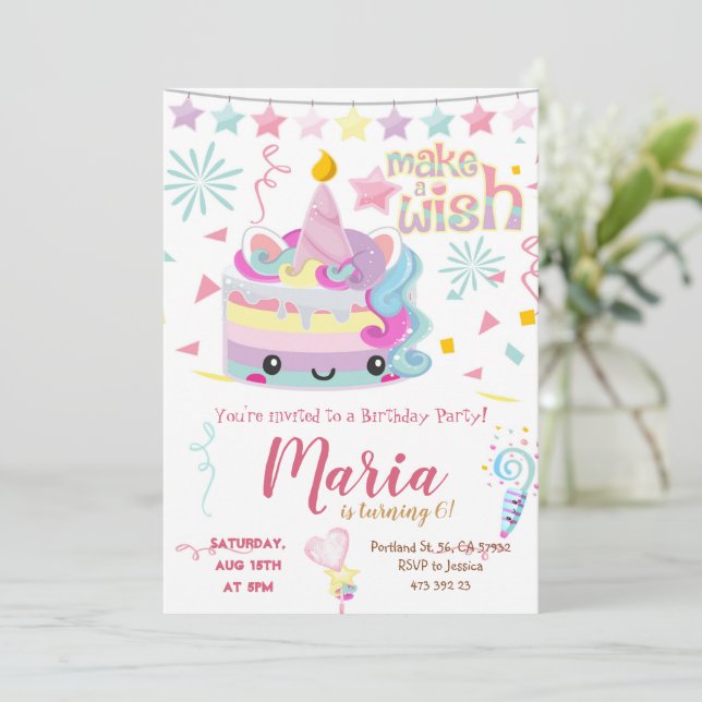 Kawai Unicorn Cake Pastel Birthday-inbjudan Inbjudningar (Stående Fram)