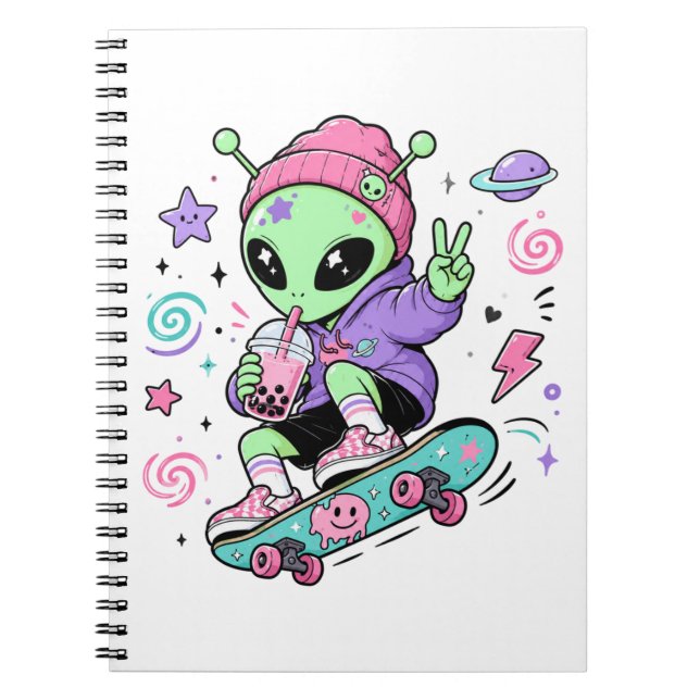 Kawaii Alien Skater Bubble Tea Design Anteckningsbok (Framsidan)
