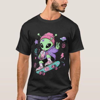 Kawaii Alien Skater Bubble Tea Design T Shirt