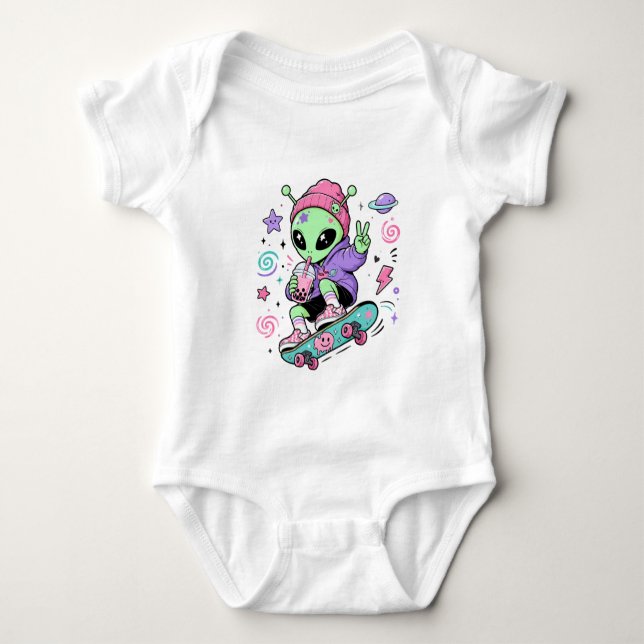 Kawaii Alien Skater Bubble Tea Design T Shirt (Framsida)