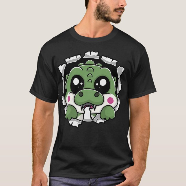 Kawaii Alligator Chewing through T Shirt (Framsida)