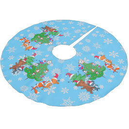 Kawaii Animals Dancing Julgran Snö Blue Julgransmatta Borstad Polyester