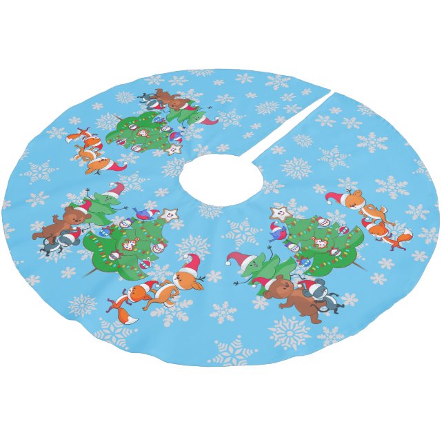 Kawaii Animals Dancing Julgran Snö Blue Julgransmatta Borstad Polyester (Vinklad)