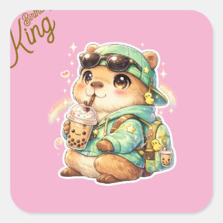 Kawaii Anime Capybara Bubble Tea Vinyl Klistermärk Fyrkantigt Klistermärke