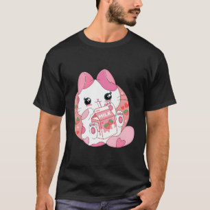 Kawaii Anime Cat Drinking Strawberry Mjölk japansk T Shirt