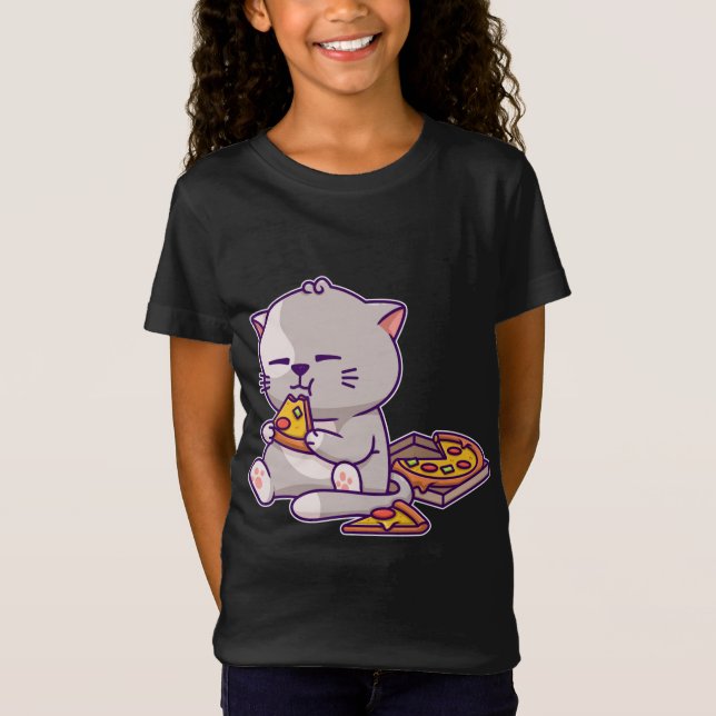 Kawaii Anime Cat Eating Pizza Cute Kitten Cat Neko T Shirt (Framsida)