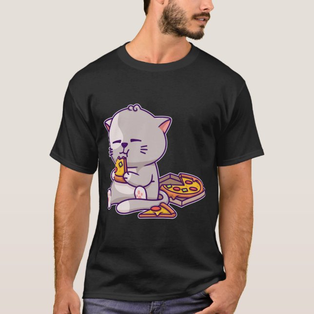 Kawaii Anime Cat Eating Pizza Cute Kitten Cat Neko T Shirt (Framsida)