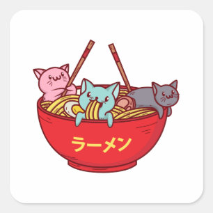 Kawaii Anime Cat Funny Adsible Japanska Ramen Fyrkantigt Klistermärke