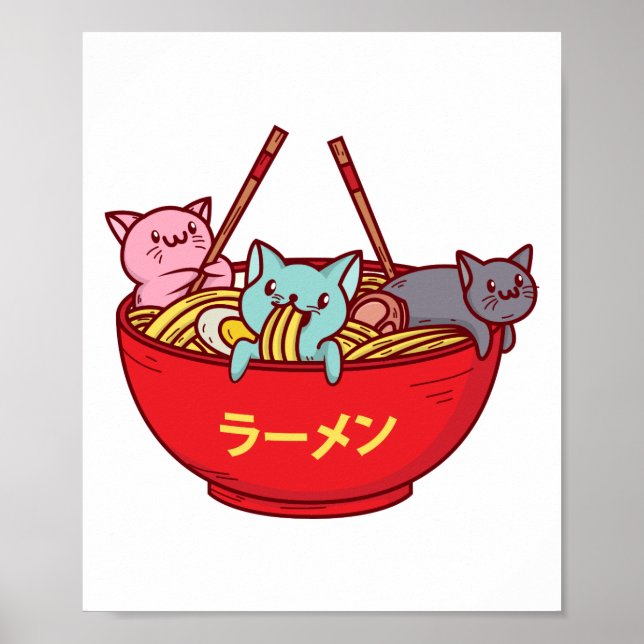 Kawaii Anime Cat Funny Adsible Japanska Ramen Poster (Framsidan)