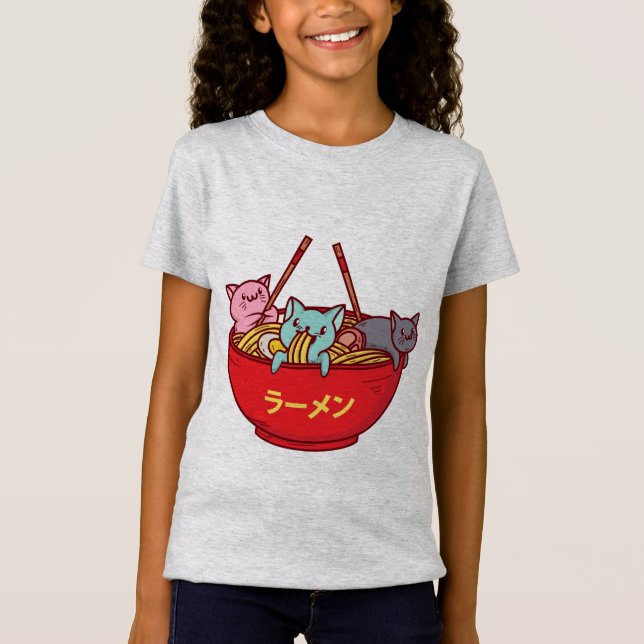 Kawaii Anime Cat Funny Adsible Japanska Ramen T Shirt (Framsida)