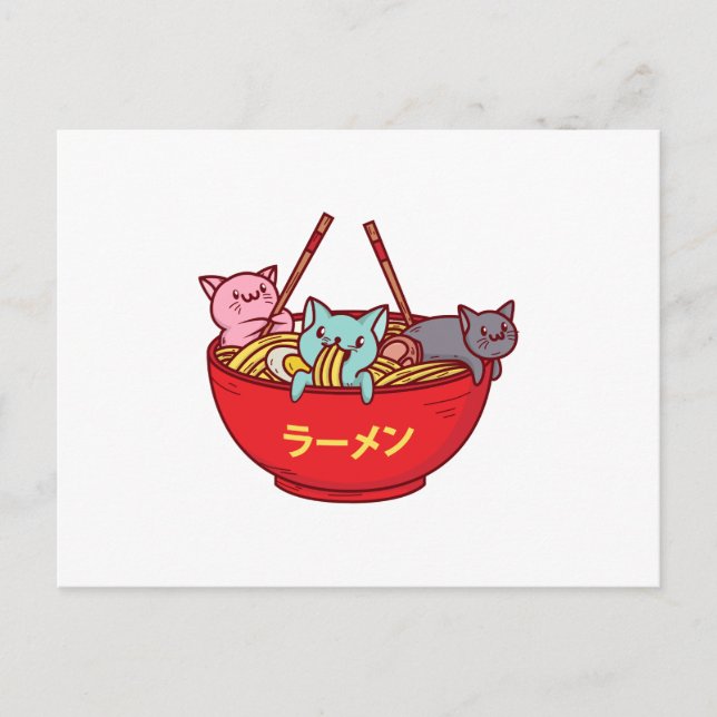 Kawaii Anime Cat Funny Adsible Japanska Ramen Vykort (Framsida)